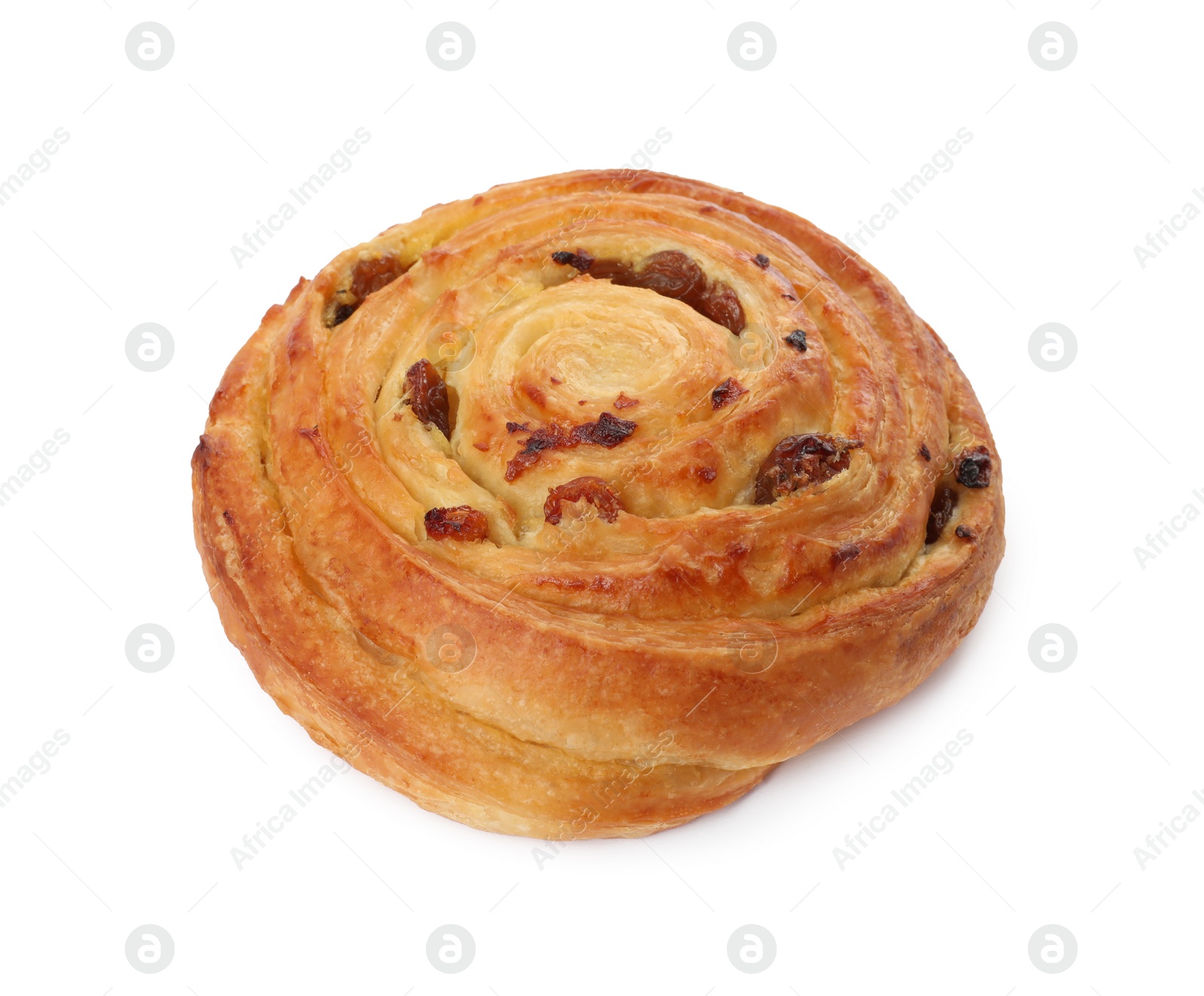 Photo of Freshly baked spiral pastry with raisins isolated on white