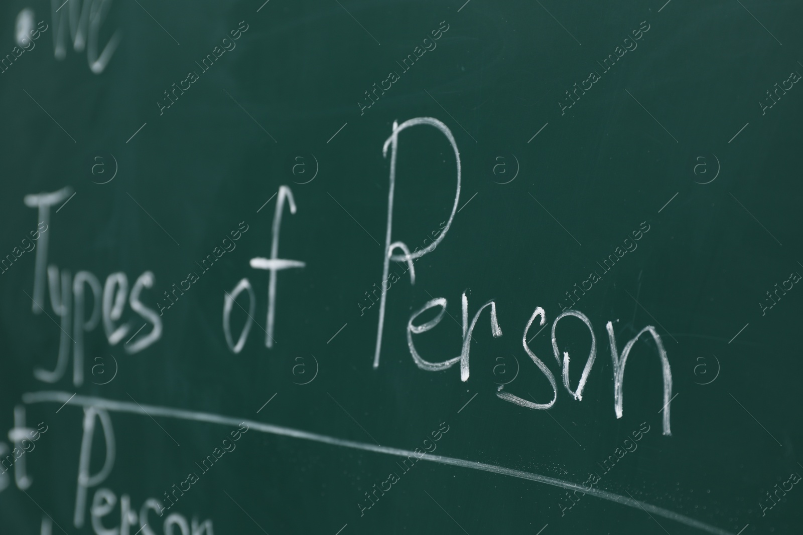 Photo of English grammar rules written with chalk on green board, closeup