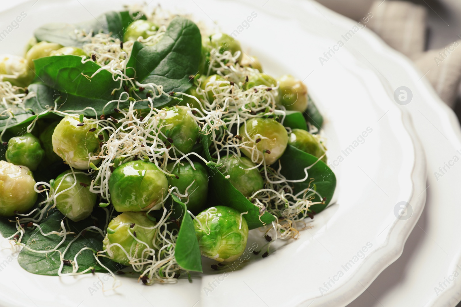 Photo of Plate of delicious salad with Brussels sprouts, closeup