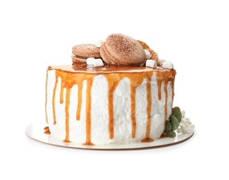 Photo of Delicious homemade cake with caramel sauce on white background