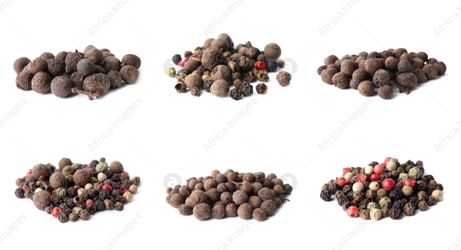 Image of Set of different peppercorns on white background