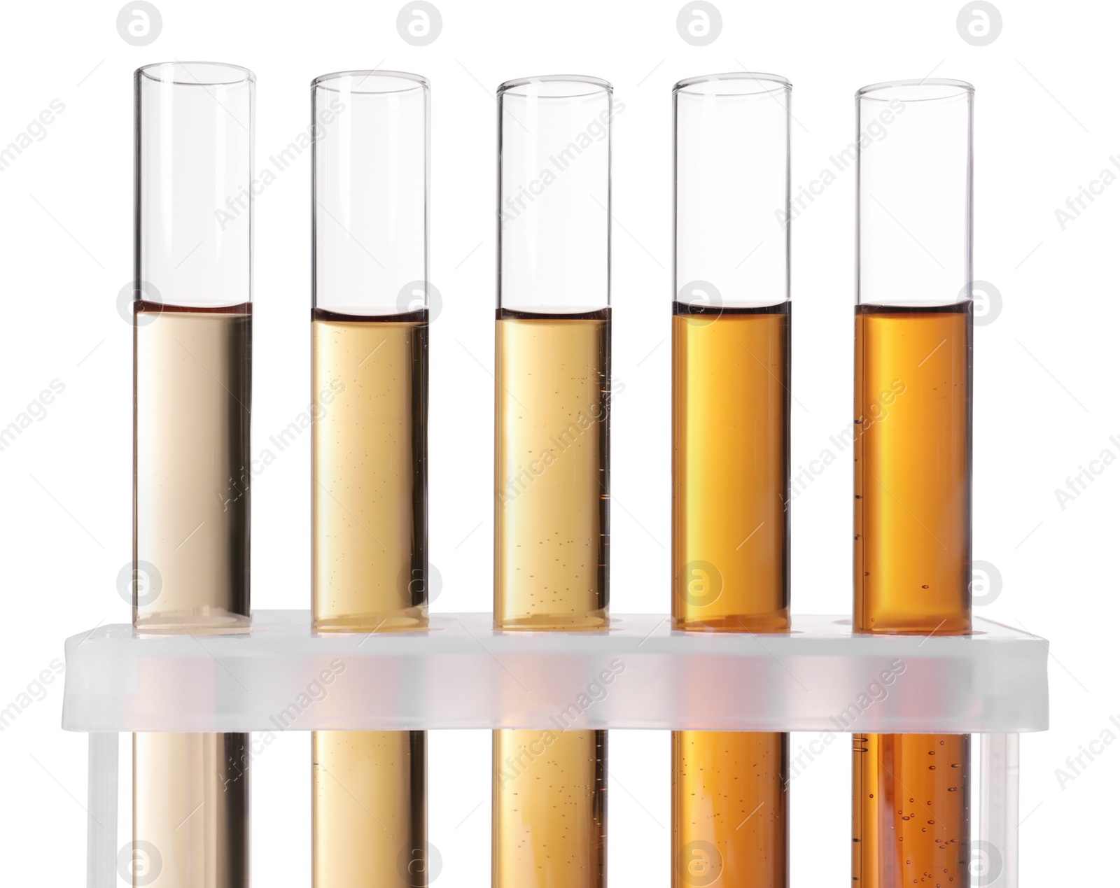 Photo of Test tubes with brown liquid in stand on white background