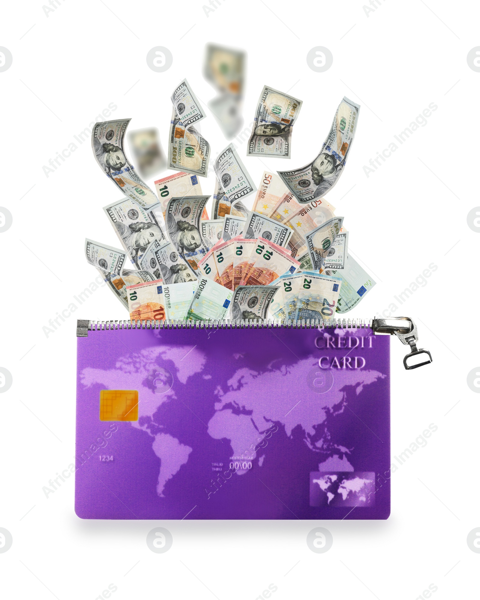 Image of Credit card as wallet and money on white background