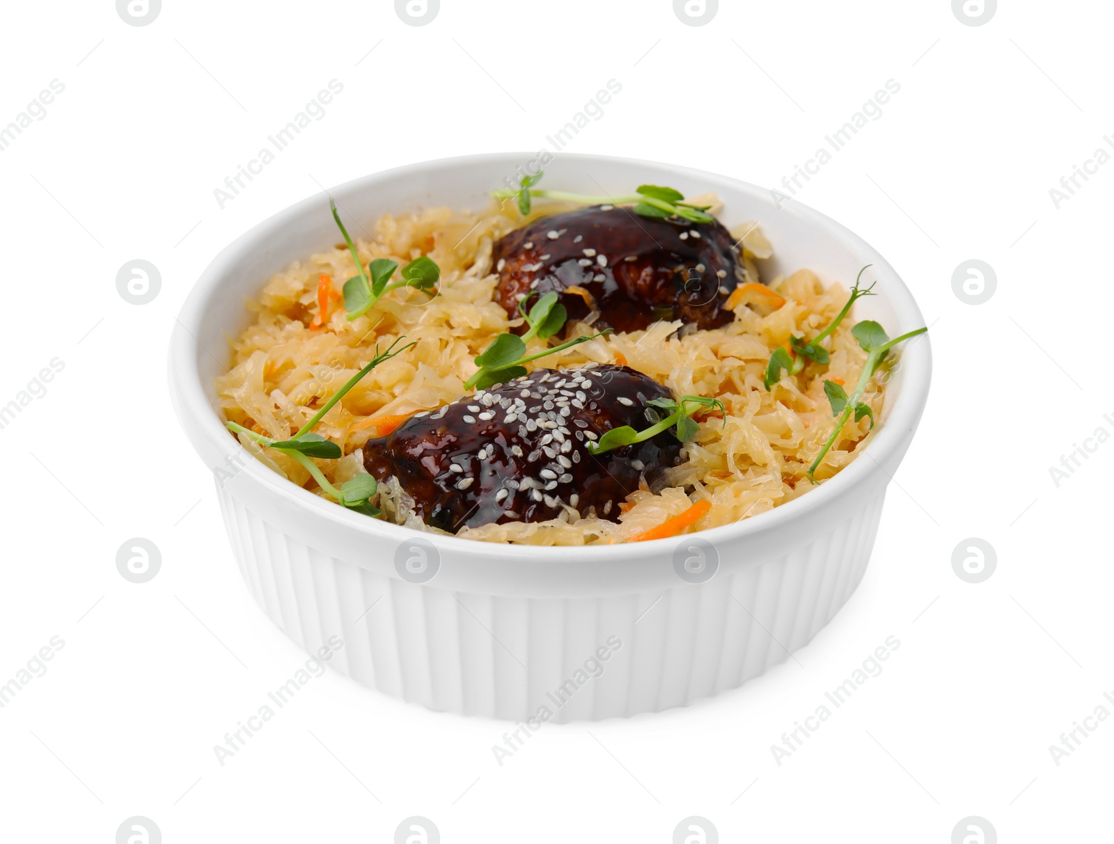 Photo of Bowl with sauerkraut and chicken isolated on white