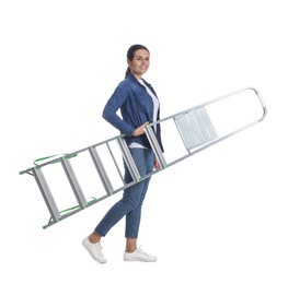 Photo of Young woman holding metal ladder on white background