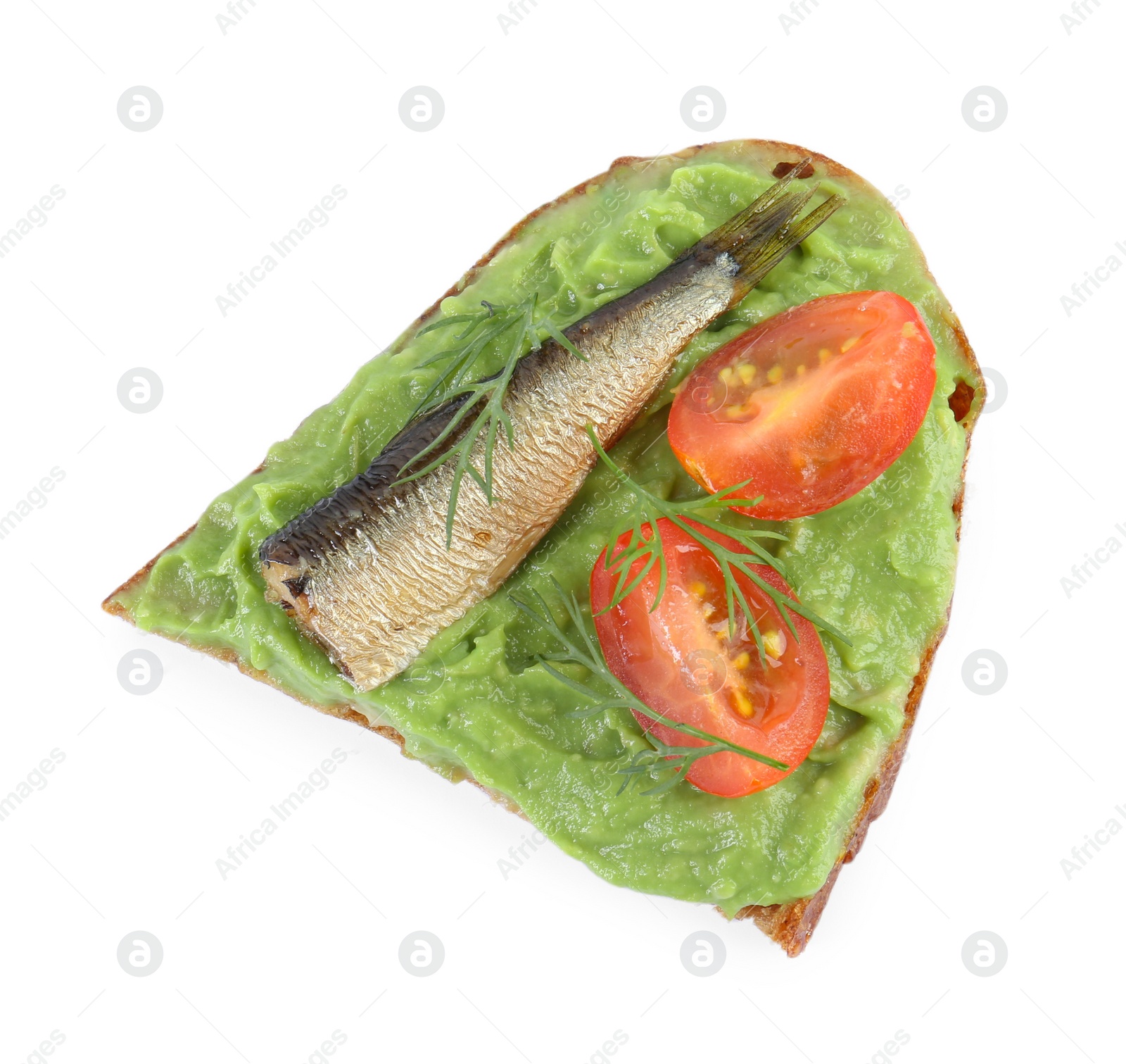 Delicious sandwich with sprat, tomato, avocado puree and dill isolated on white, top view Photo of Delicious sandwich with sprat, tomato, avocado puree and dill isolated on white, top view
