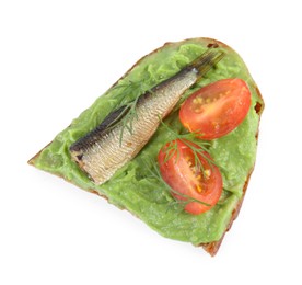 Photo of Delicious sandwich with sprat, tomato, avocado puree and dill isolated on white, top view