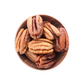 Photo of Ripe shelled pecan nuts in bowl on white background, top view