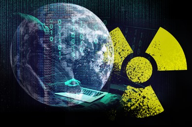 Image of Nuclear deterrence. Multiple exposure with hacker using laptop in darkness, planet, warning radiation symbol, source and binary codes