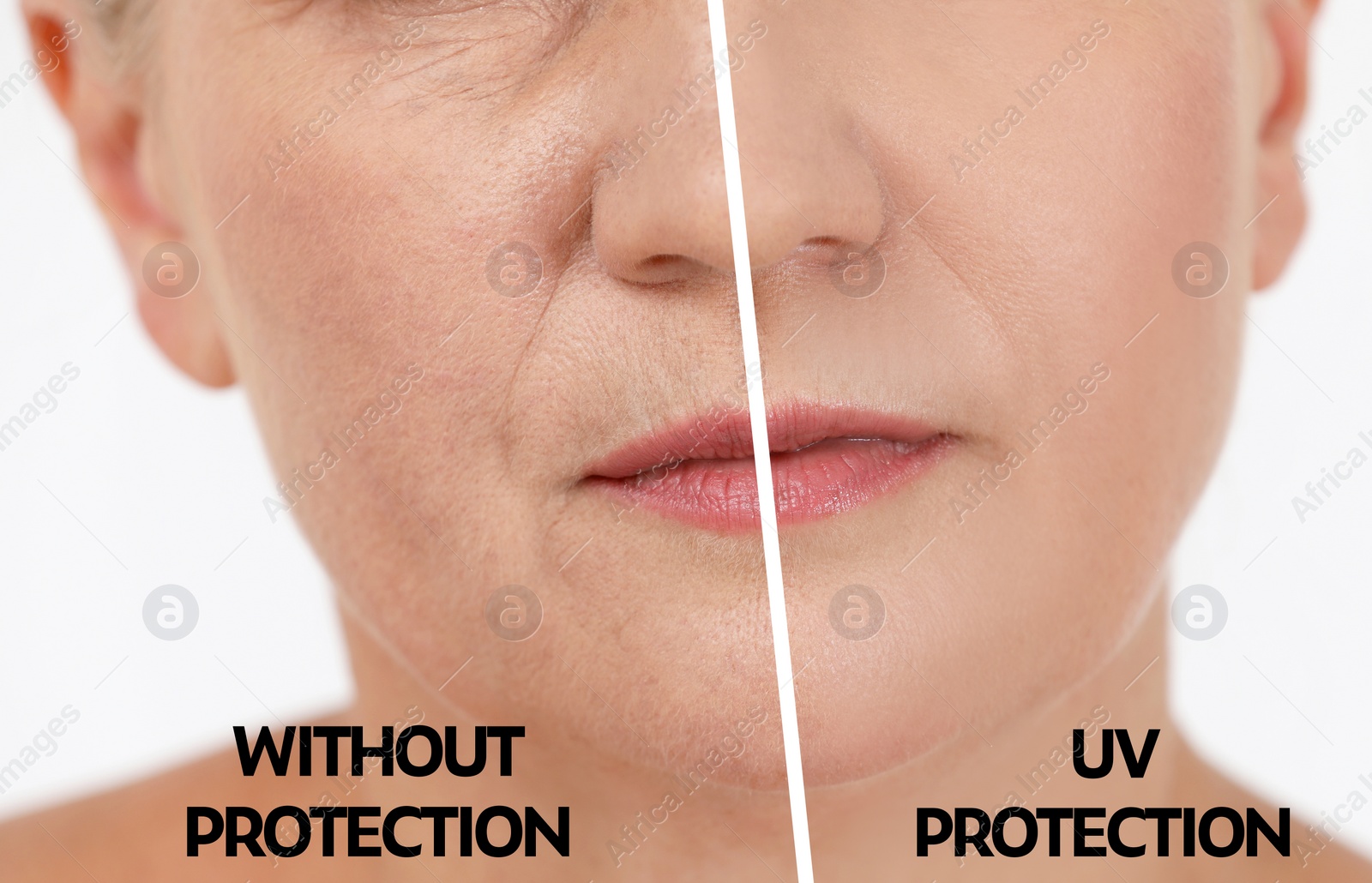 Image of Mature woman without and with sun protection cream on her face, closeup