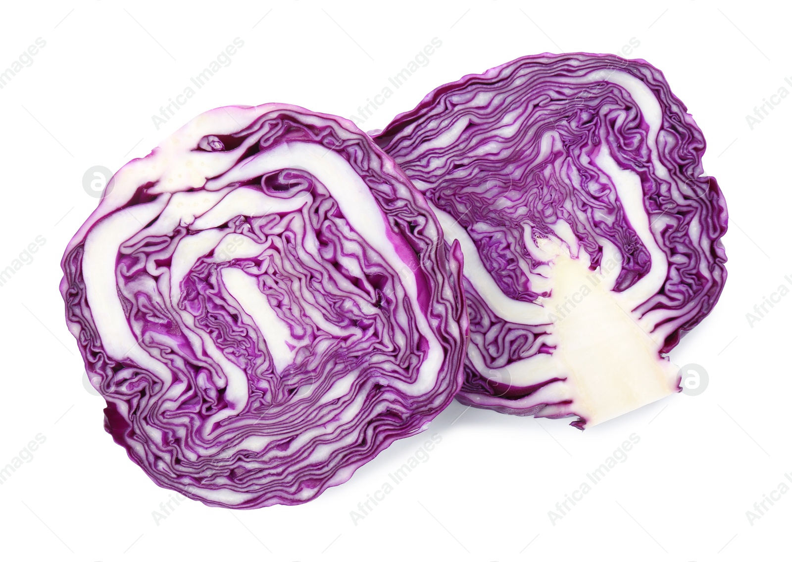 Photo of Halves of radicchio fresh cabbage on white background, top view