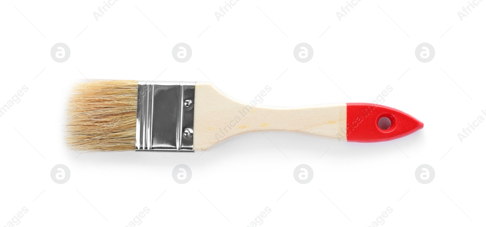 Photo of Paint brush with wooden handle on white background