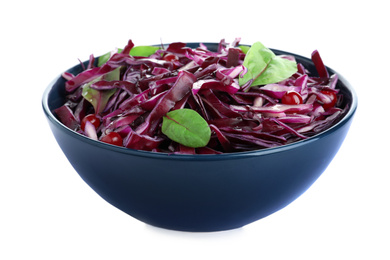 Photo of Fresh red cabbage salad in bowl isolated on white
