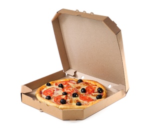 Photo of Open cardboard box with delicious pizza on white background. Food delivery