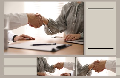 Image of Partnership, deal and agreement. Collage with photo of businesspeople shaking hands, closeup
