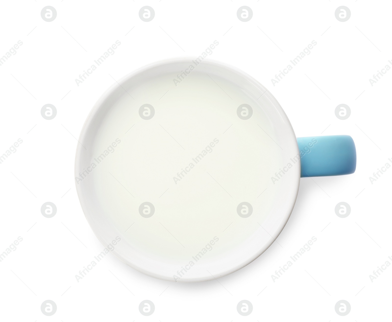 Photo of Cup of fresh milk isolated on white, top view