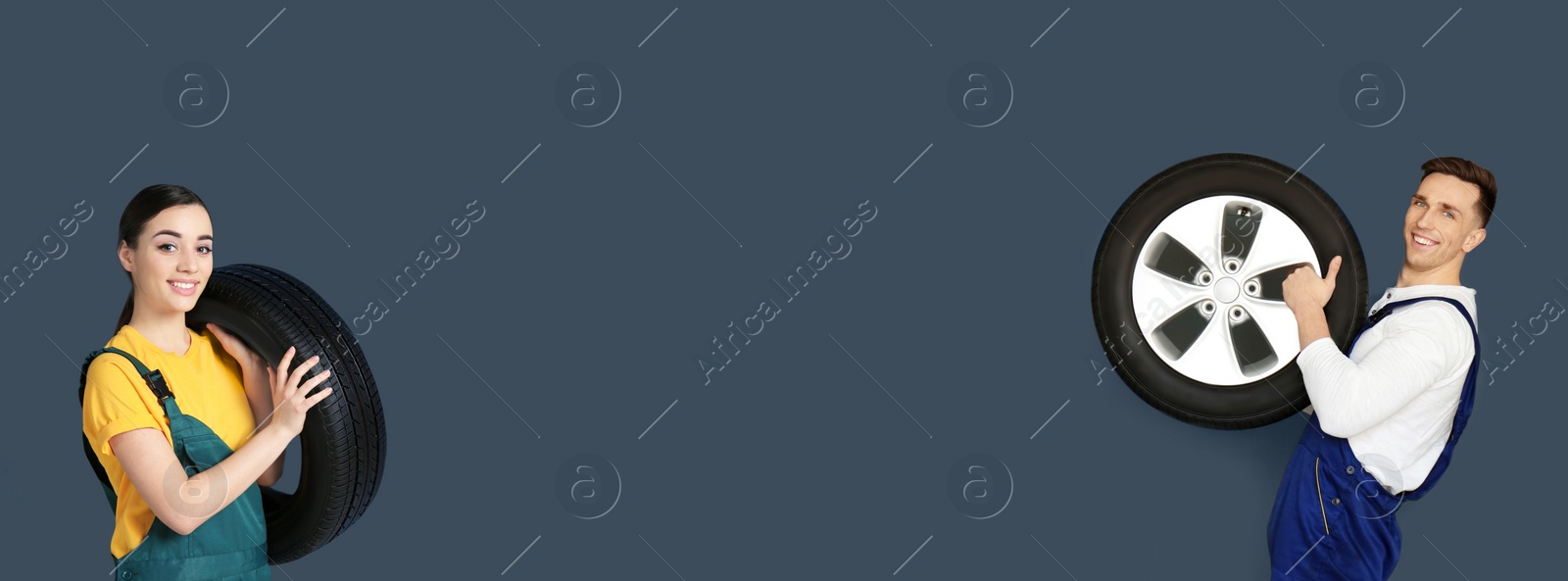 Image of Sellers with car tires on grey background, space for text. Banner design