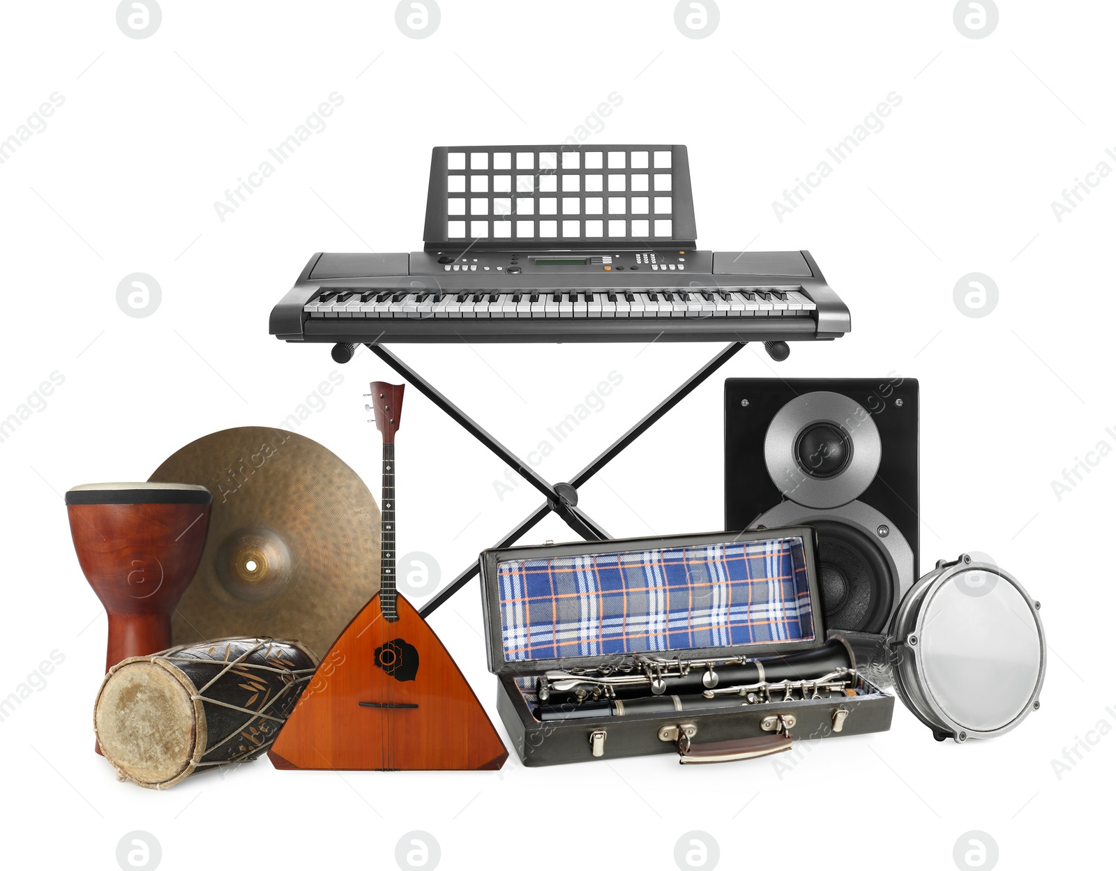 Image of Group of different musical instruments on white background