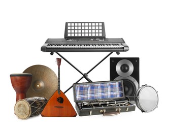 Image of Group of different musical instruments on white background