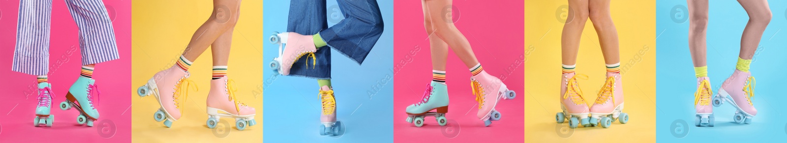 Image of Photos of women with retro roller skates on different color backgrounds, closeup. Collage banner design