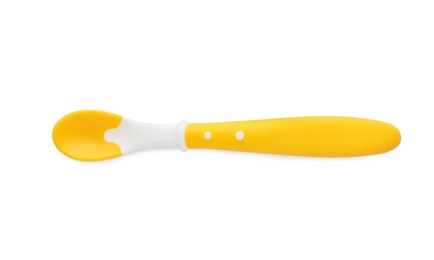 Plastic spoon isolated on white, top view. Serving baby food