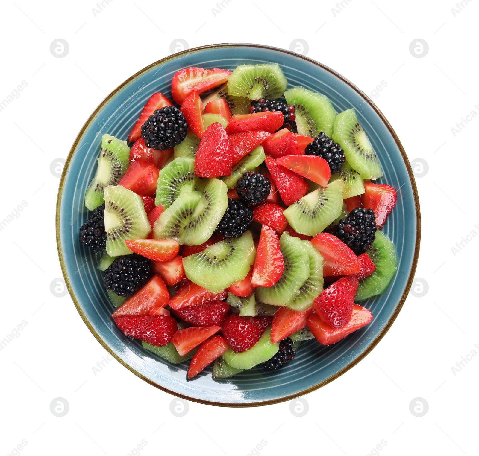 Photo of Plate with tasty fruit salad isolated on white, top view