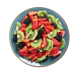 Photo of Plate with tasty fruit salad isolated on white, top view