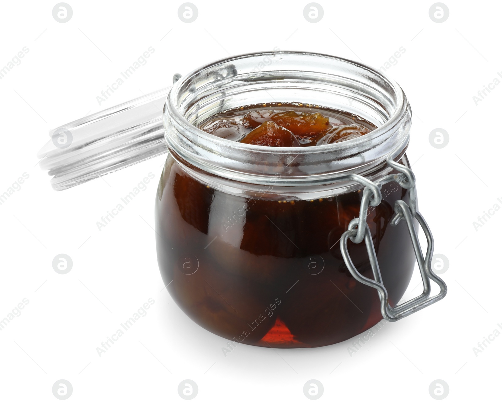 Photo of Jar of tasty sweet fig jam isolated on white