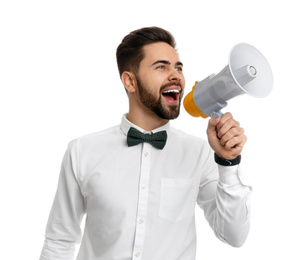 Photo of Young man with megaphone on white background