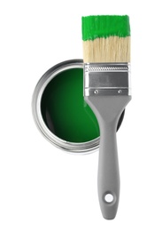 Photo of Paint can and brush on white background, top view