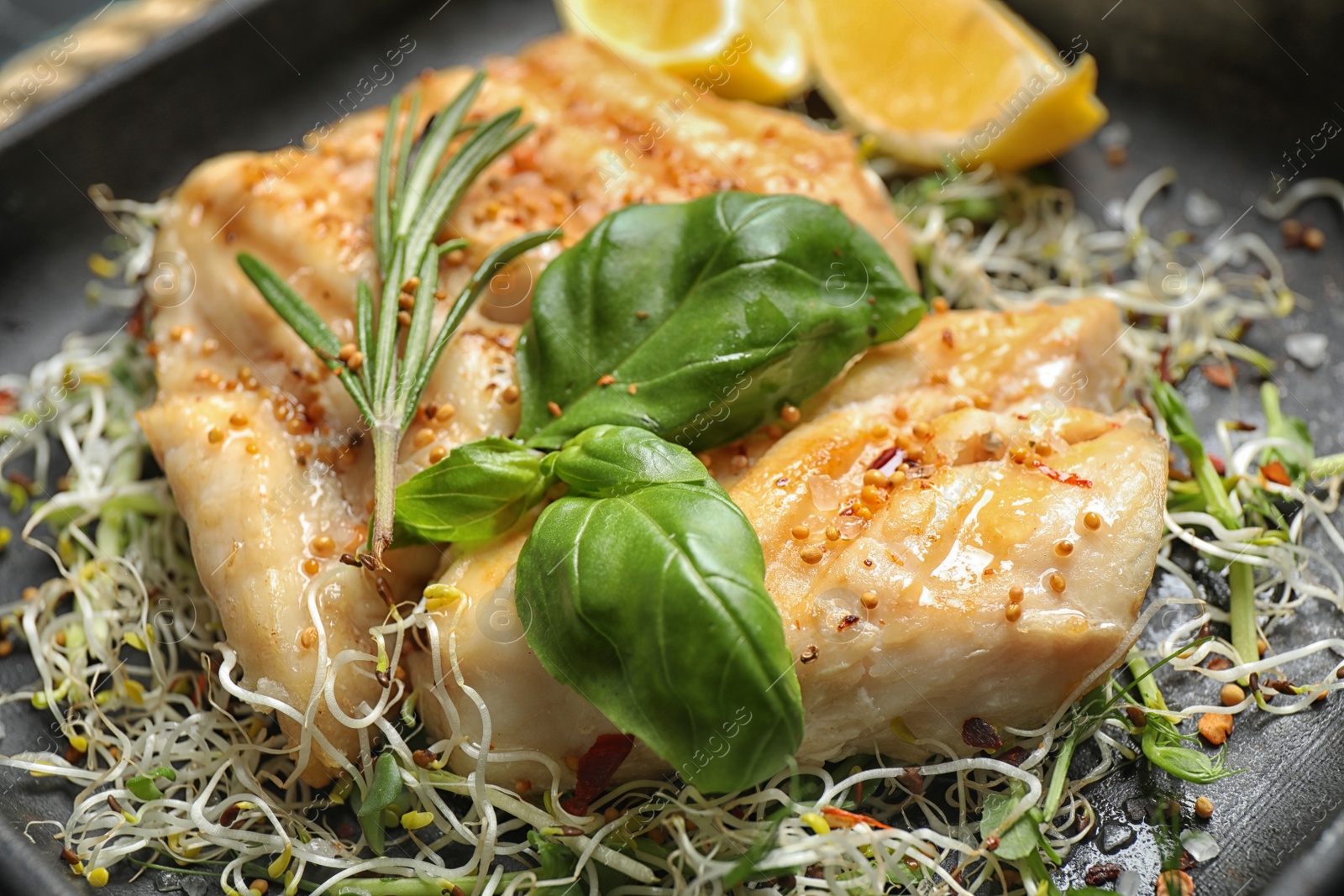 Photo of Tasty grilled fish with herbs in baking dish, closeup