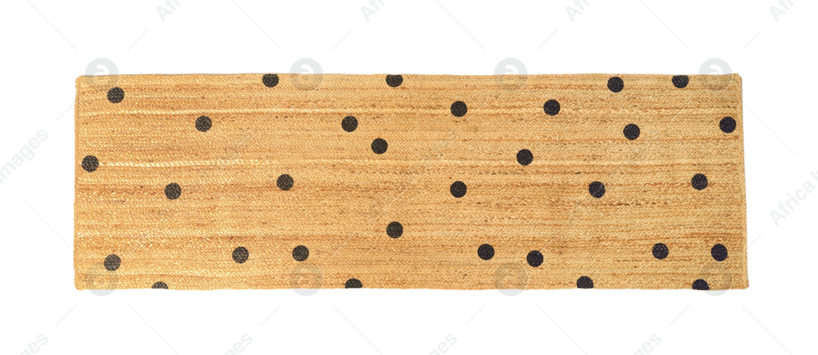 Photo of Rug with polka dot pattern isolated on white, top view