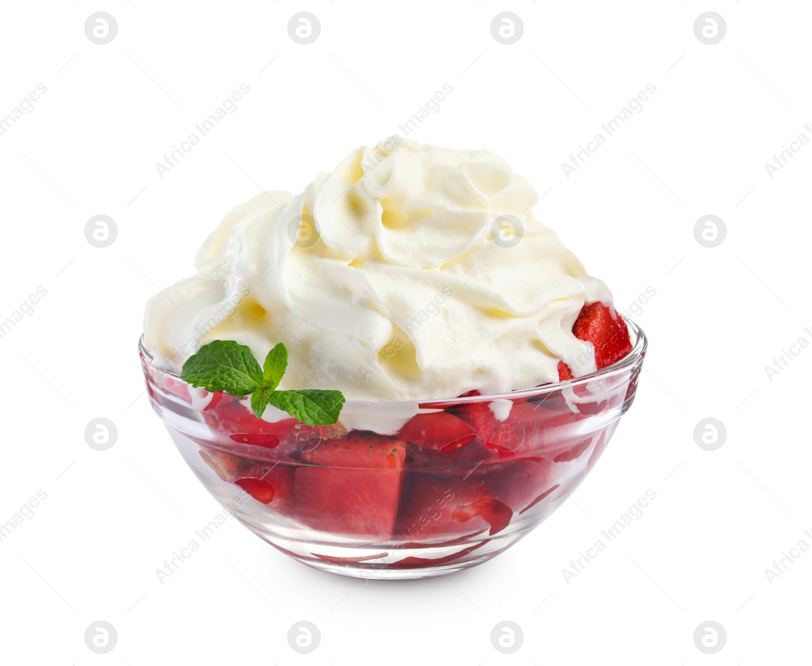 Photo of Tasty sliced strawberry with whipped cream in bowl isolated on white