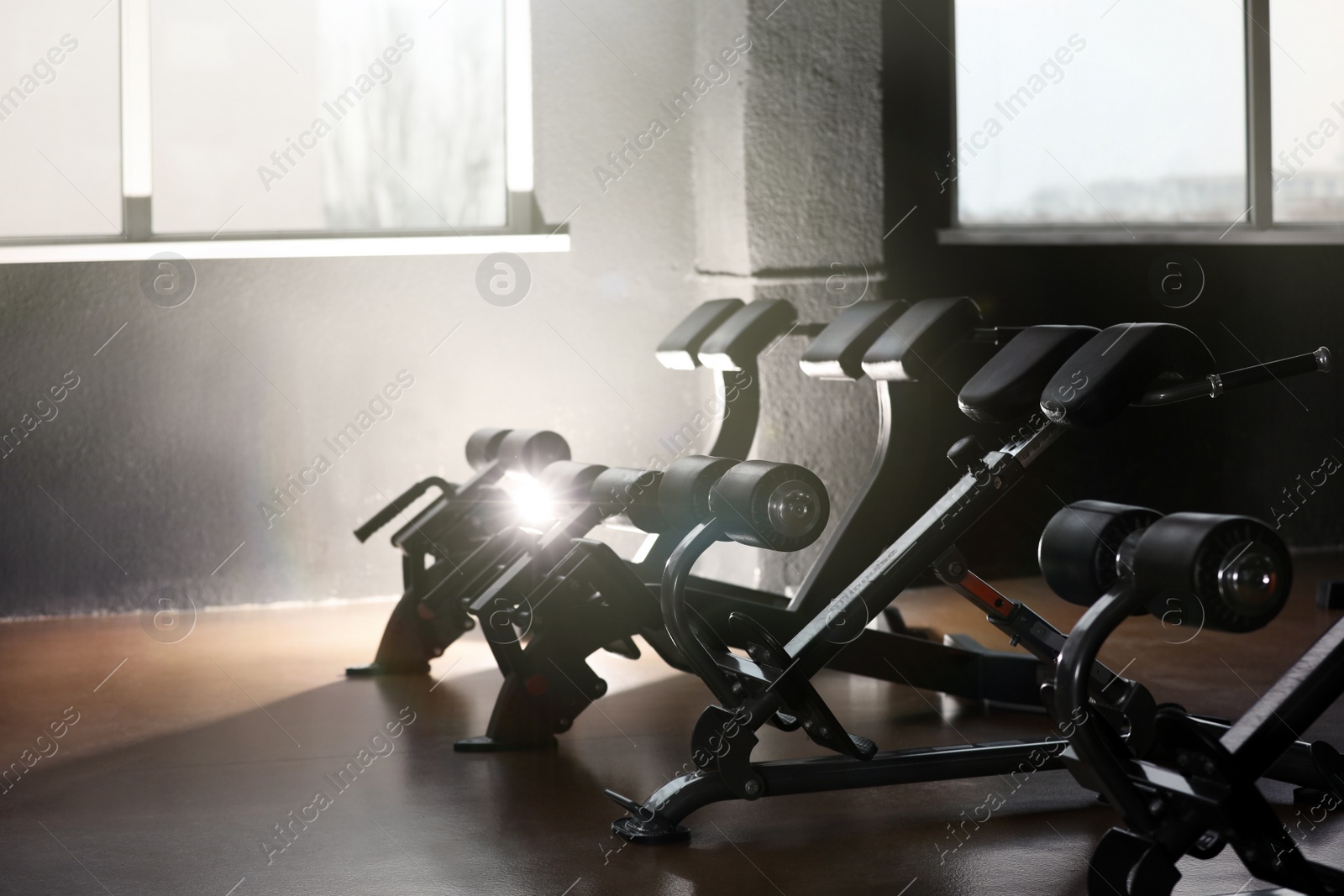 Photo of Row of back extension machines in modern gym