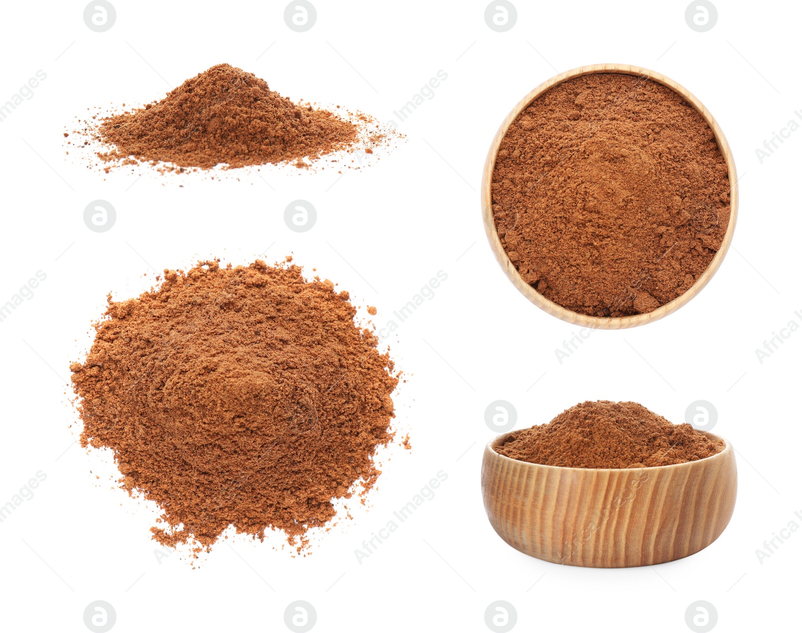 Image of Set with nutmeg powder on white background