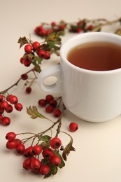 Aromatic hawthorn tea in cup and branch with berries on beige table, closeup