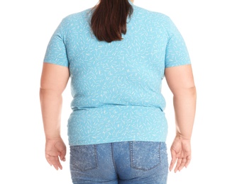 Overweight woman before weight loss on white background