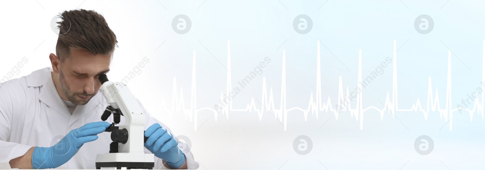Image of Laboratory assistant using microscope on white background. Health care worker