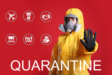 Image of Woman in chemical protective suit showing stop gesture against red background. Hold on quarantine rules during coronavirus outbreak