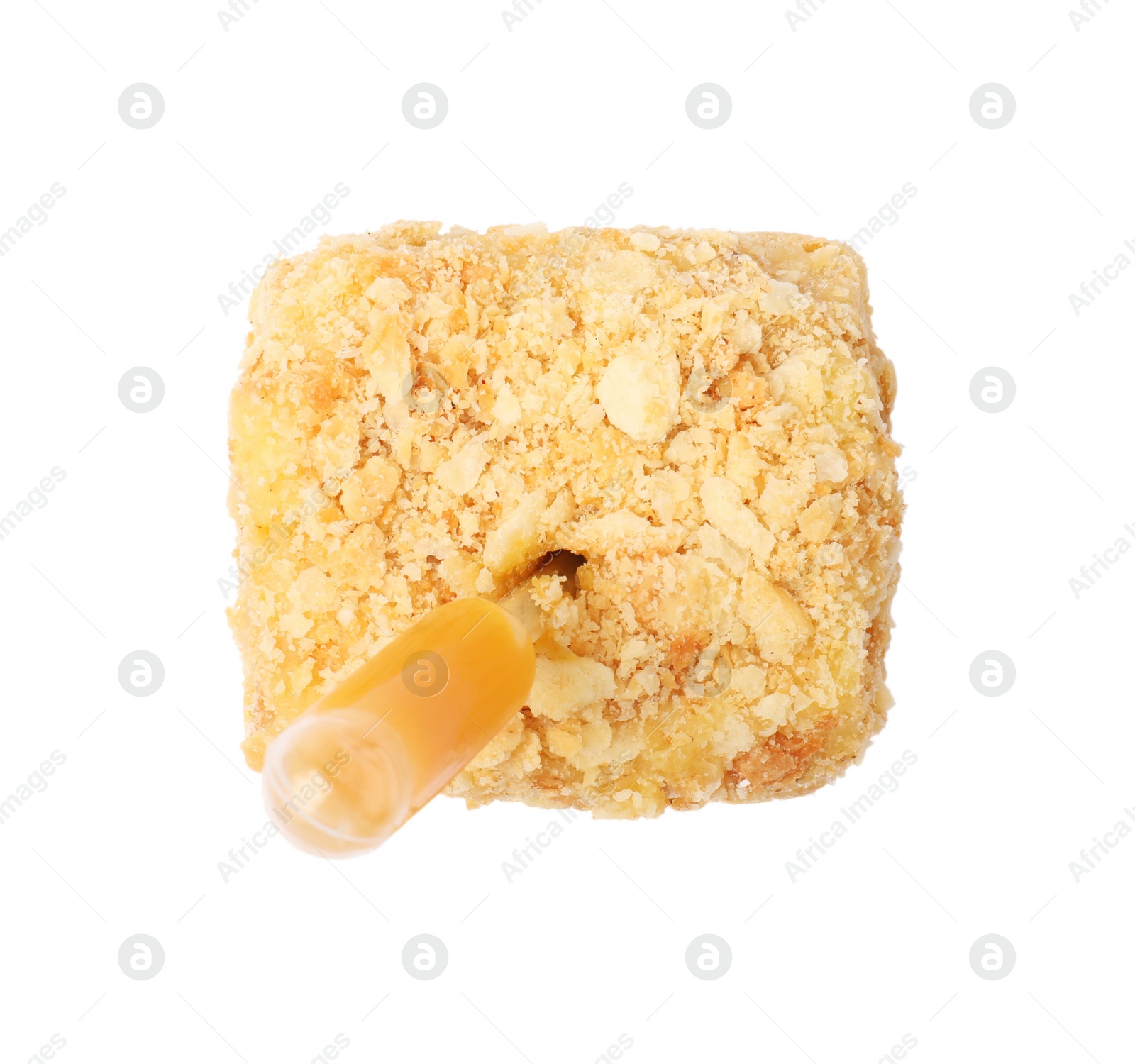 Photo of Piece of Napoleon cake with jam pipette on white background, top view