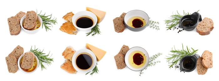 Balsamic vinegar with oil and bread on white background, collage of top and side views