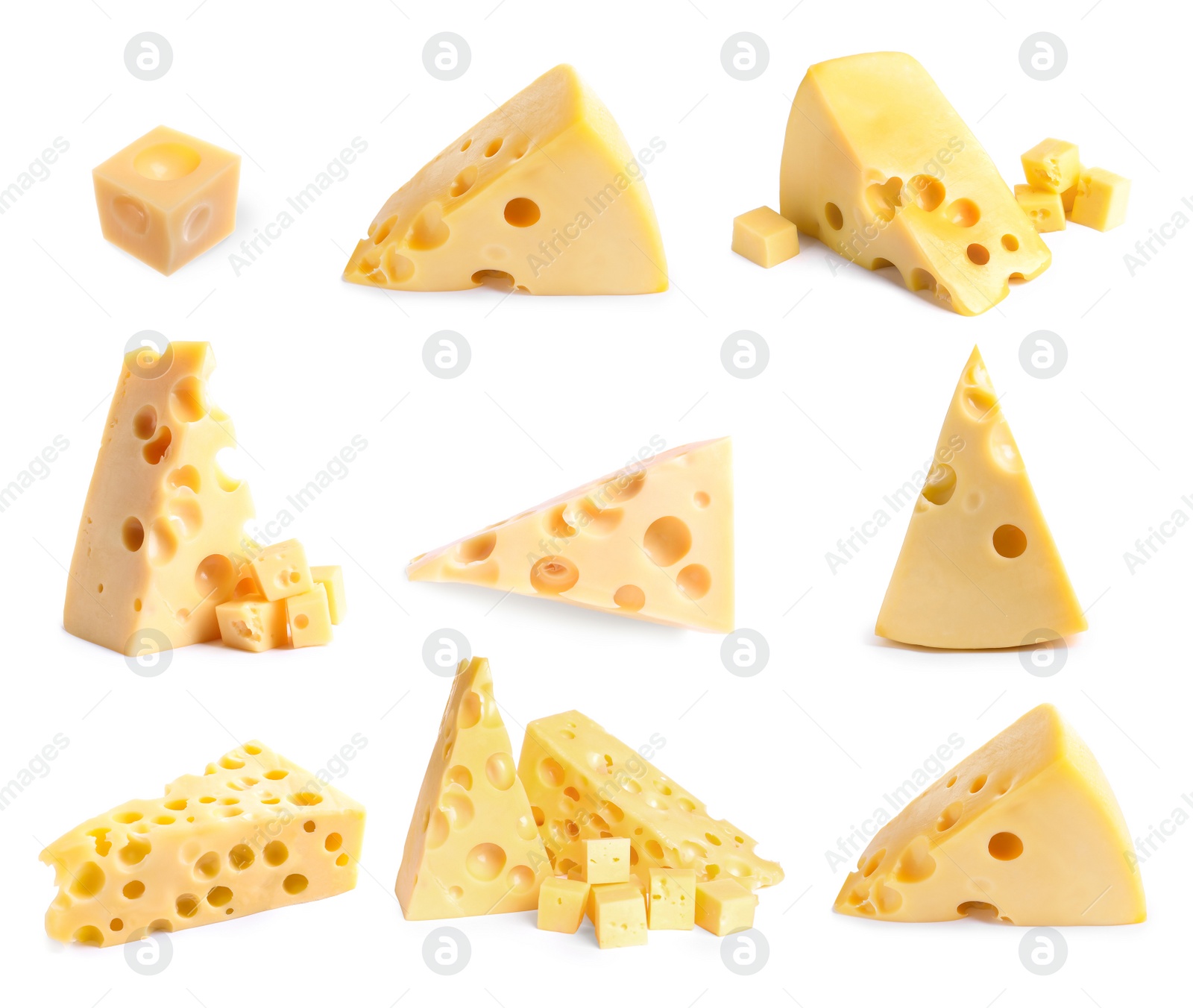 Image of Set with pieces of delicious cheese on white background 