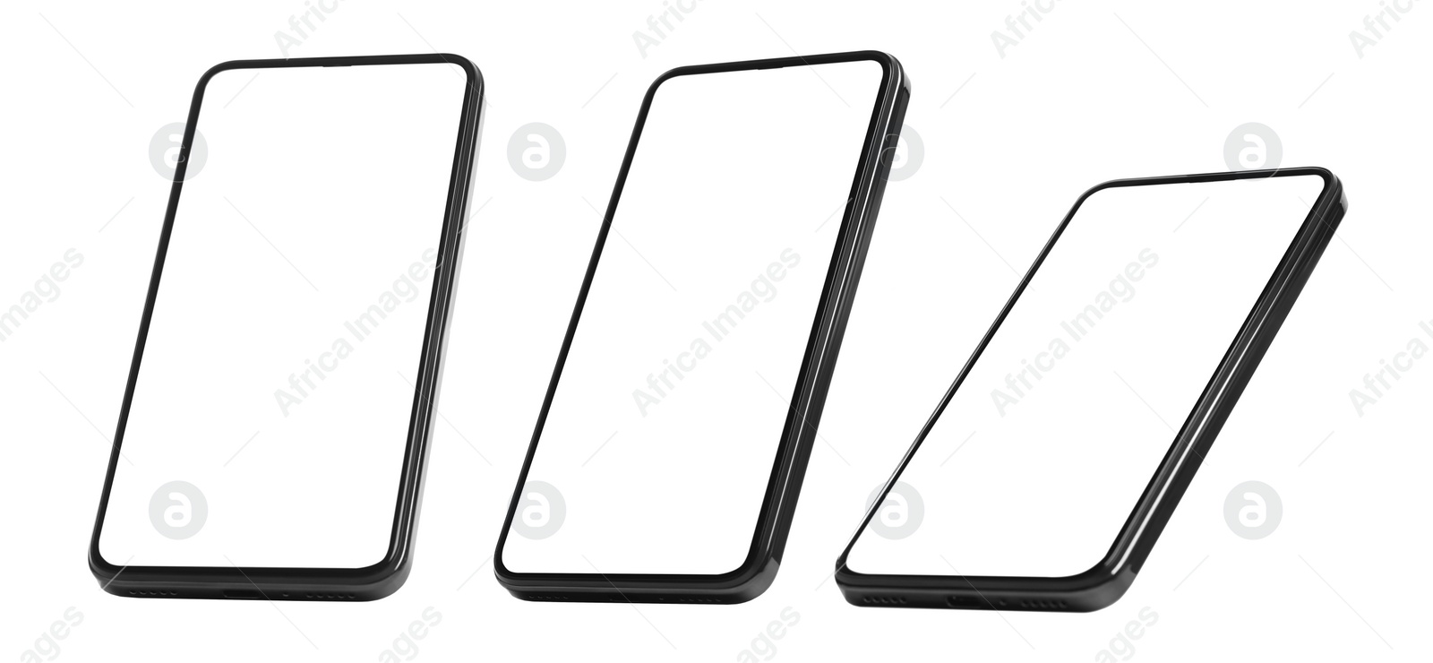 Image of Smartphone with empty screen on white background, different angles. Mockup for design