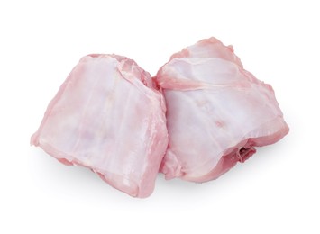 Photo of Fresh raw rabbit meat isolated on white, top view