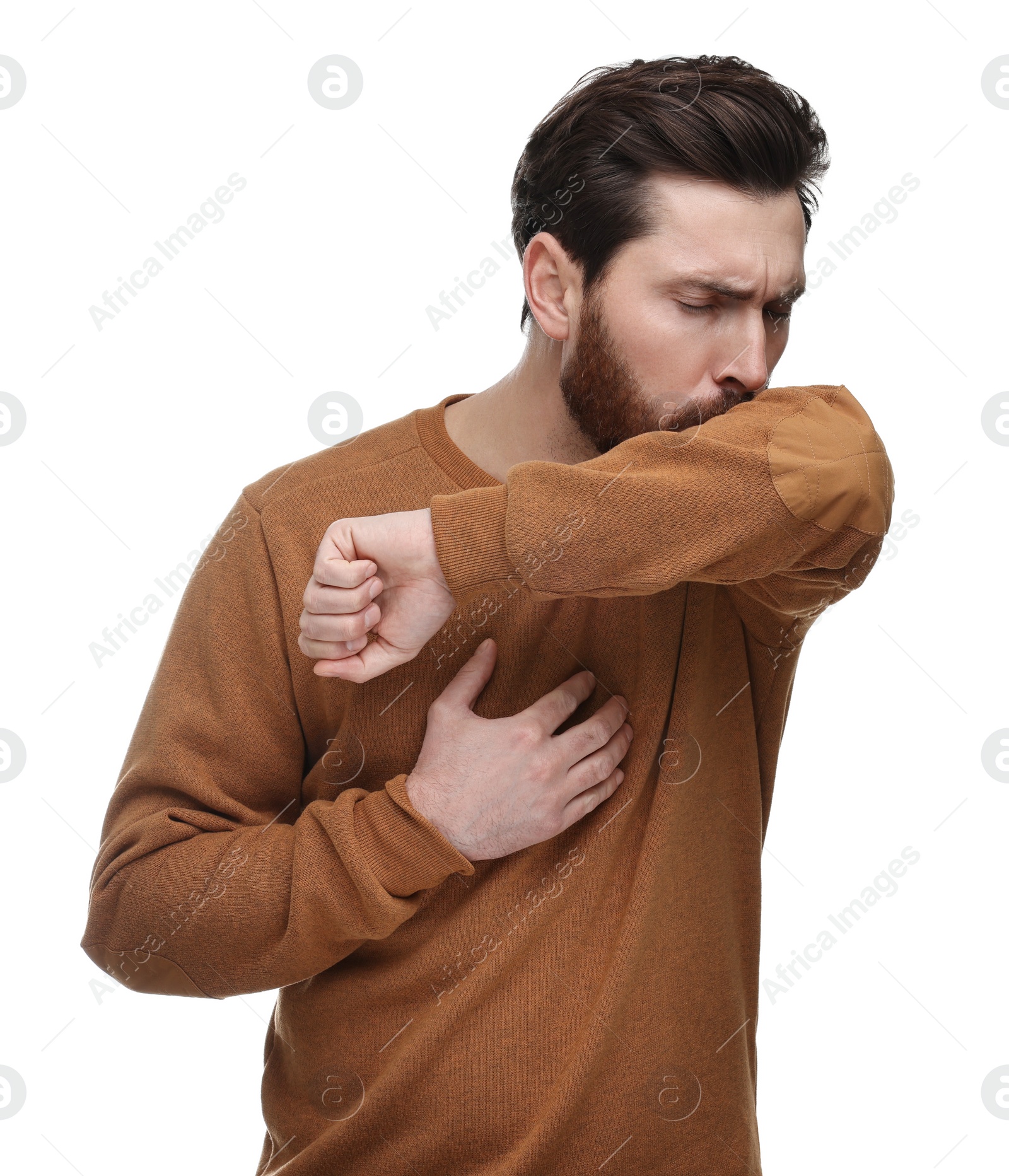 Photo of Sick man coughing into his elbow on white background. Cold symptoms
