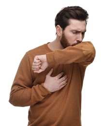 Photo of Sick man coughing into his elbow on white background. Cold symptoms