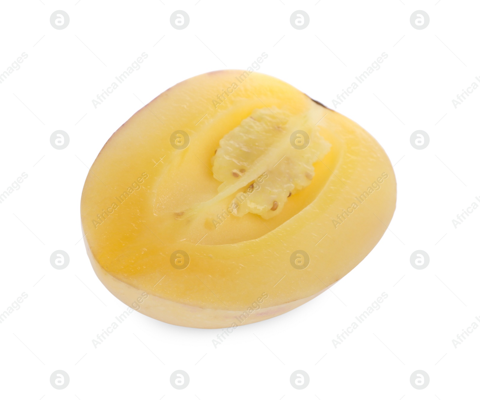 Photo of Half of fresh ripe pepino melon isolated on white