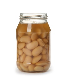 Photo of Jar of pickled beans isolated on white