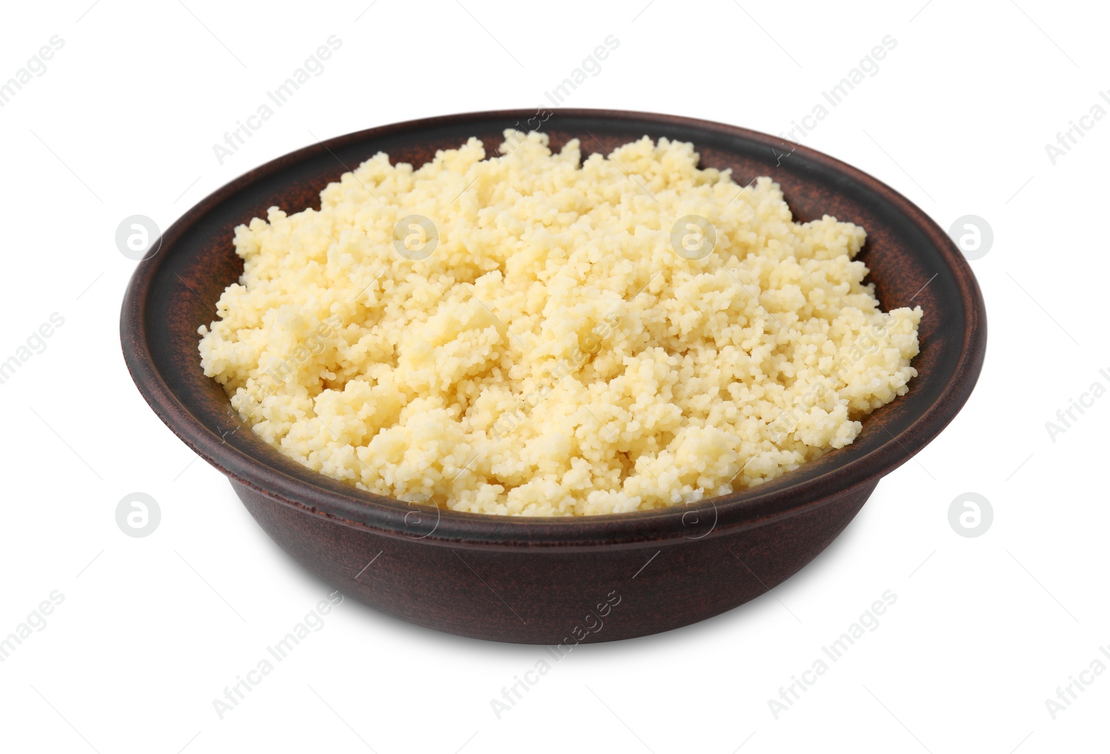 Photo of Tasty couscous in bowl isolated on white