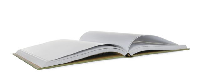 Photo of Open book with hard cover on white background